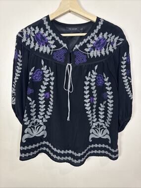 MM COUTURE BY MISS ME Boho Embroidered 100% Silk Peasant Top S Blouse Cottage